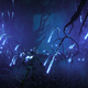 A human figure is difficult to make out in an alien environment of glowing blue tentacles.